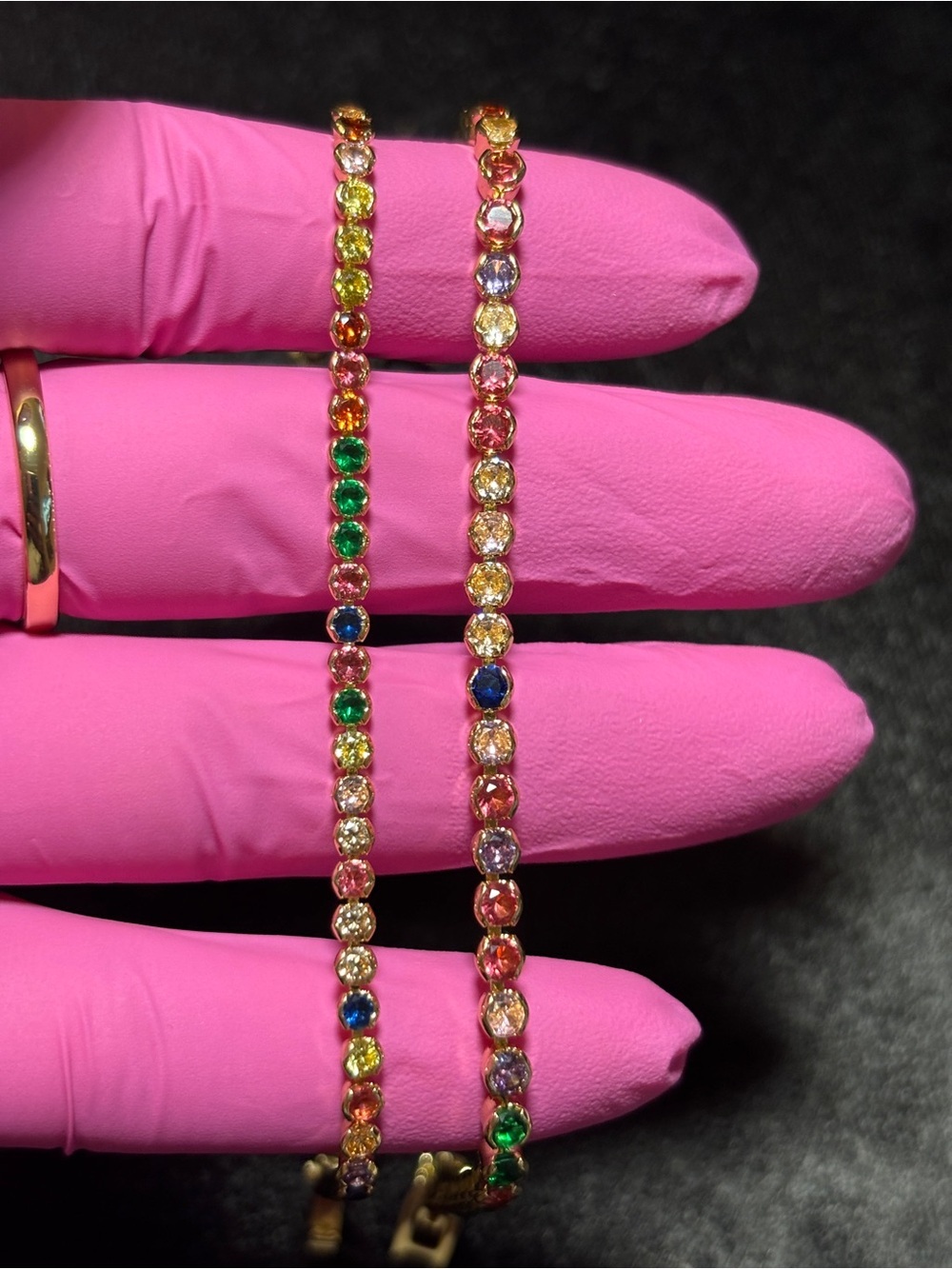 2 Yellow Gold Multicolor CZ Tennis Style Bracelets 8in. - Picture 14 of 15